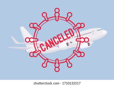 Cancelled airline flight with coronavirus symbol, airport reduced service. Change, cancellation, international trips delays policies, travel tourism problems. Vector flat style cartoon illustration