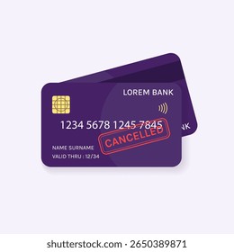 Ilustração de cartão de crédito cancelada com carimbo vermelho mostrando problemas financeiros e de pagamento