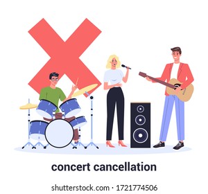 Cancelled cultural events due to 2019-nCoV. Cancellation of mass music show and concert. Corona virus pandemic global impact. Isolated vector illustration