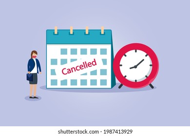 Cancelled date vector concept. Businesswoman in face mask with cancelled mark on the calendar and alarm clock