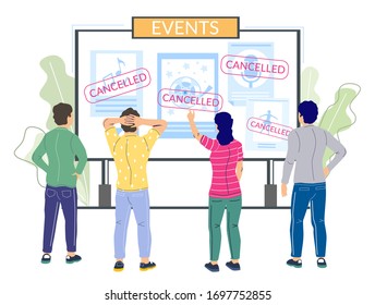 Cancelled events due to corona virus pandemic, vector flat illustration. Cancellation of mass gatherings sports events, films or musical shows. Corona virus respiratory disease COVID-19 prevention.