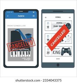 Cancelled events set due to reaon, vector flat illustration. Cancellation of mass gatherings sports events, films or musical shows. Corona virus respiratory disease COVID-19 prevention. 2104