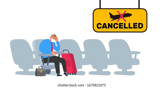 cancelled flight coronavirus threat sad businessman in protective mask sitting in airport vector illustration