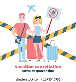 Cancelled flights and traveling vacations because of COVID-19 outbreak concept. flat vector illustration. Couple of tourists with banner crossed out coronavirus and closed territory of the airport.