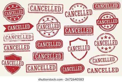 Se canceló el juego de sellos Grunge. Colección De 19 Sellos De Goma Retro Cancelados En Rojo Con Textura Antiguas Grunge. Perfecto Para Eventos, Reuniones, Cancelaciones, Avisos, Carteles. Vector aislado