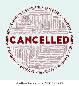 Cancelled - round badge. Text cancelled with keywords word clouds and circular text. Sacrifice Altar color theme and grunge texture. Appealing vector illustration.