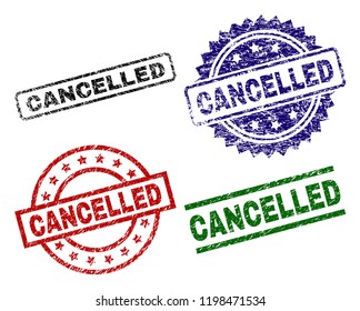 CANCELLED seal prints with corroded texture. Black, green,red,blue vector rubber prints of CANCELLED label with corroded texture. Rubber seals with circle, rectangle, medallion shapes.