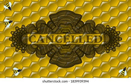 Texto cancelado dentro de moneda lineal dulce miel insignia realista. la apicultura de fondo. Ilustración artística. 