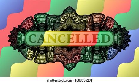 Cancelled text inside Linear currency Colorful emblem. Curvy fashionable background. Vector illustration. 