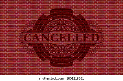 Cancelled text inside red brick wall badge. Tiles luxurious background. Intense illustration. 