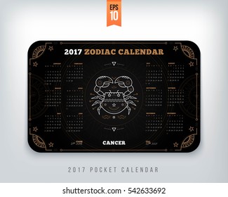 Cancer 2017 year zodiac calendar pocket size horizontal layout Black color design style vector concept illustration
