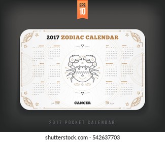 Cancer 2017 year zodiac calendar pocket size horizontal layout White color design style vector concept illustration