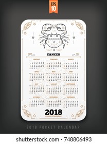 Cancer 2018 year zodiac calendar pocket size vertical layout White color design style vector concept illustration.