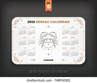 Cancer 2018 year zodiac calendar pocket size horizontal layout White color design style vector concept illustration.