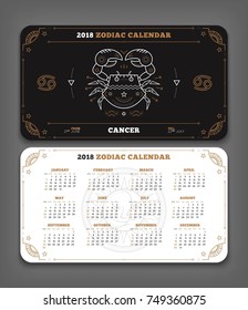 Cancer 2018 year zodiac calendar pocket size horizontal layout Double side black and white color design style vector concept illustration