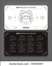 Cancer 2018 year zodiac calendar pocket size horizontal layout Double side black and white color design style vector concept illustration