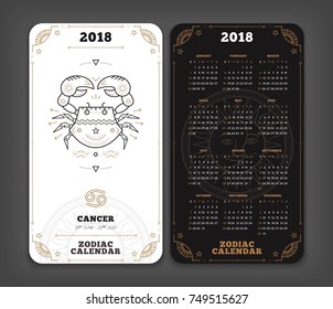 Cancer 2018 year zodiac calendar pocket size vertical layout Double side black and white color design style vector concept illustration
