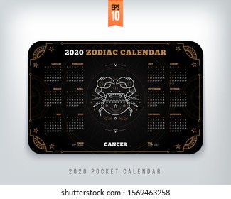 Cancer 2020 year zodiac calendar pocket size horizontal layout black color design style vector concept illustration