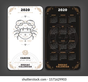 Cancer 2020 year zodiac calendar pocket size vertical layout Double side black and white color design style vector concept illustration