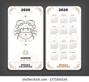 Cancer 2020 year zodiac calendar pocket size vertical layout Double side white color design style vector concept illustration