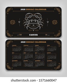 Cancer 2020 year zodiac calendar pocket size horizontal layout Double side black color design style vector concept illustration