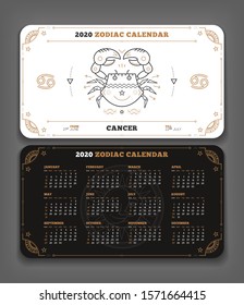 Cancer 2020 year zodiac calendar pocket size horizontal layout Double side white and black color design style vector concept illustration