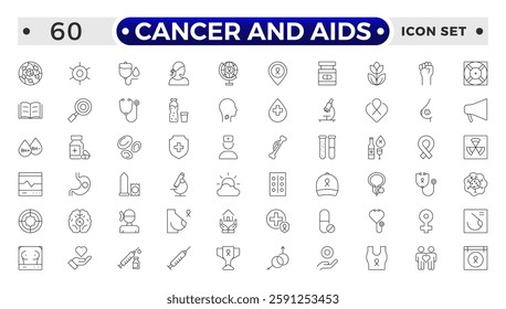 Cancer and AIDS icon set. Containing tumor, oncology, chemotherapy, biopsy, radiotherapy, ribbon, breast cancer, remission and more.

