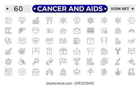 Cancer and AIDS icon set. Containing tumor, oncology, chemotherapy, biopsy, radiotherapy, ribbon, breast cancer, remission and more.
