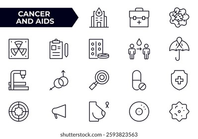 Cancer and AIDS icon set. Containing tumor, oncology, chemotherapy, biopsy, radiotherapy, ribbon, breast cancer, remission and more.