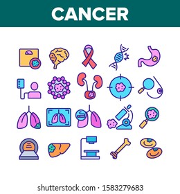 Cancer Anatomy Disease Collection Icons Set Vector Thin Line. Cancer Of Stomach And Lungs, Bones And Breasts, Brain And Liver Concept Linear Pictograms. Color Contour Illustrations