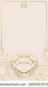 Cancer astrological horoscope chart with place for text. Elegant golden hand drawing on beige background. Card for stories, calendar, zodiac prediction. Modern vector illustration.