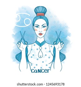 Cancer astrological sign. Beautiful blue haired girl with scissors in hands. Watercolor background