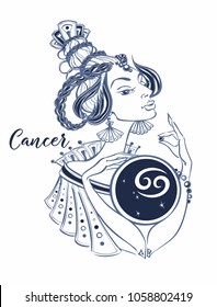 Cancer astrological sign as a beautiful girl. Zodiac. Horoscope. Astrology. Vector