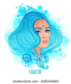 Signo astrológico de cáncer como una chica hermosa. Ilustración vectorial sobre el fondo de la acuarela aislada en blanco. Contando el futuro, horóscopo. Mujer de moda zodiac set. 