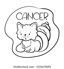 Cancer astrological zodiac sign with cute cat character. Cancer vector illustration on white background. Astrological sign black line drawing. Cute Cancer cat coloring page. Zodiac character symbol