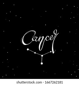 Cancer. Astrology lettering collection zodiac sign with  Constellation Stars  White  on  Black  Background - Vector modern Graphic Design. Zodiak theme for International Astrology – Moon. EPS