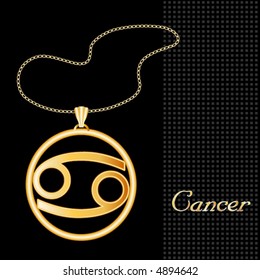 Cancer Astrology Pendant Necklace. Engraved zodiac icon, with gold chain, for the horoscope Water Sign Cancer, with textured black background. EPS8 compatible.