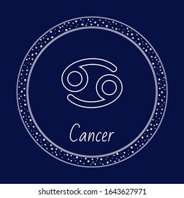 Cancer astrology zodiac sign isolated on blue in circle with stars. Vector illustration of fourth astrological sign in the Zodiac, originating from constellation of Cancer. Prediction of fortune