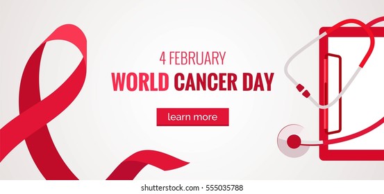Cancer awareness banner with stethoscope and clipboard on white background with red ribbon symbol. Vector flat illustration