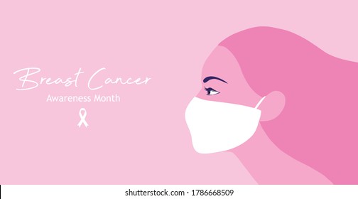ฺBreast Cancer Awareness For Love And Support. Beautiful Young Women Wearing Face Mask With Pink Ribbon Brooch Vector Illustration. Breast Cancer Concept Background