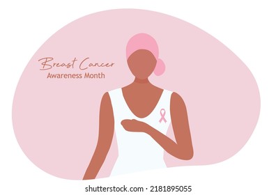 ฺBreast cancer awareness for love and support. Beautiful young women touching her breast with pink ribbon brooch vector illustration. Breast cancer concept background