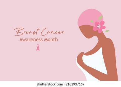 ฺBreast cancer awareness for love and support. Beautiful young women touching her breast with pink ribbon brooch vector illustration. Breast cancer concept background