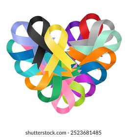 Conciencia del cáncer. Muchas cintas de diferentes colores están en forma de corazón - Ilustración vectorial plana.