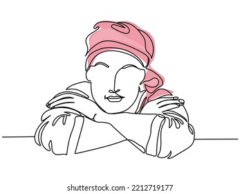 Cancer awareness month. Chemotherapy survivor. Fight cancer concept line art. Tumor regression. Positive reports. Positive psychology. Determined brave happy woman fighting cancer. Bald head scarf bow