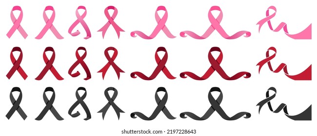 Cancer Awareness Month. Pink Red black  Color Ribbon Isolated On white Background. Vector Design Template For Poster.