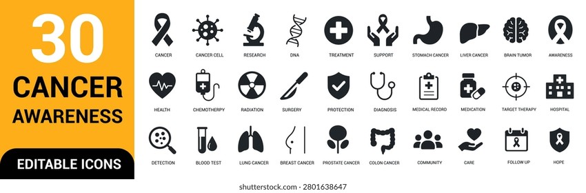 Cancer Awareness and Oncology Solid Icon Set Featuring Treatment, Diagnosis, Research, Healthcare, Support, and Medical Care Vector Symbols Collection