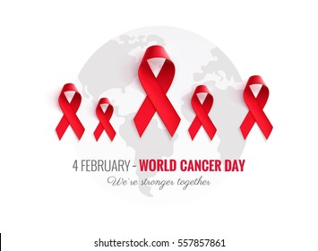 Cancer Awareness Red Ribbon Background. 4 February world cancer day horizontal poster. We are stronger together slogan. Vector illustration