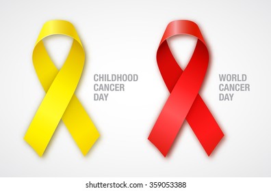 Cancer Awareness Red and Yellow Ribbons. World Cancer Day. Childhood Cancer Day. Vector Illustration