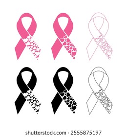 Cancer Awareness Ribbon Icons with Heart Accents - Symbolic Designs for Charities and Events