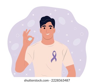 Cancer Awareness Ribbon. Man and the symbol of health. Lavender ribbon. Vector illustration.
